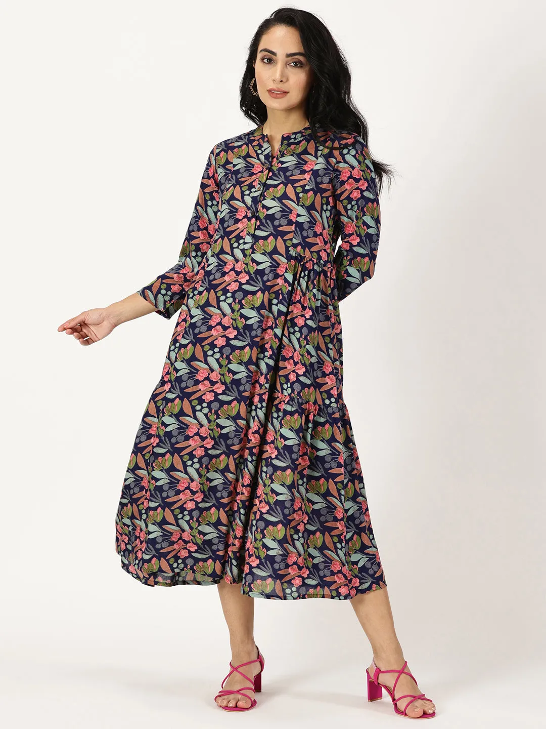 Blue Tropical Print Midi Dress with Side Gathers