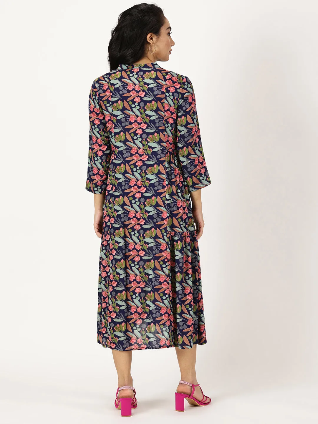 Blue Tropical Print Midi Dress with Side Gathers