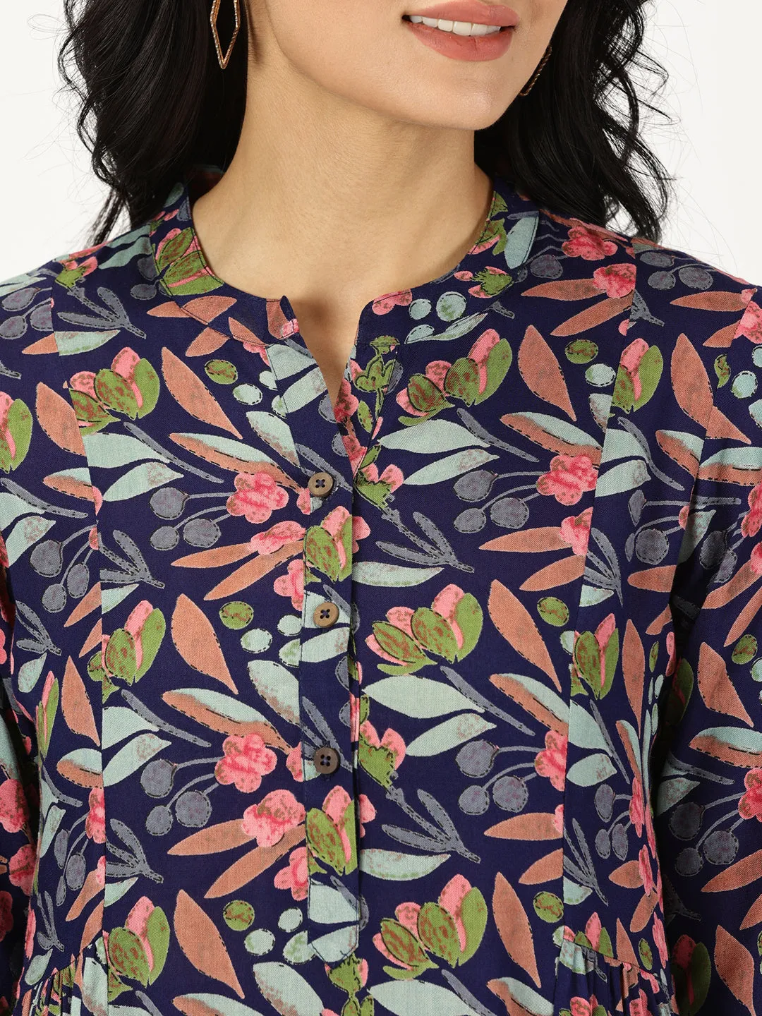 Blue Tropical Print Midi Dress with Side Gathers