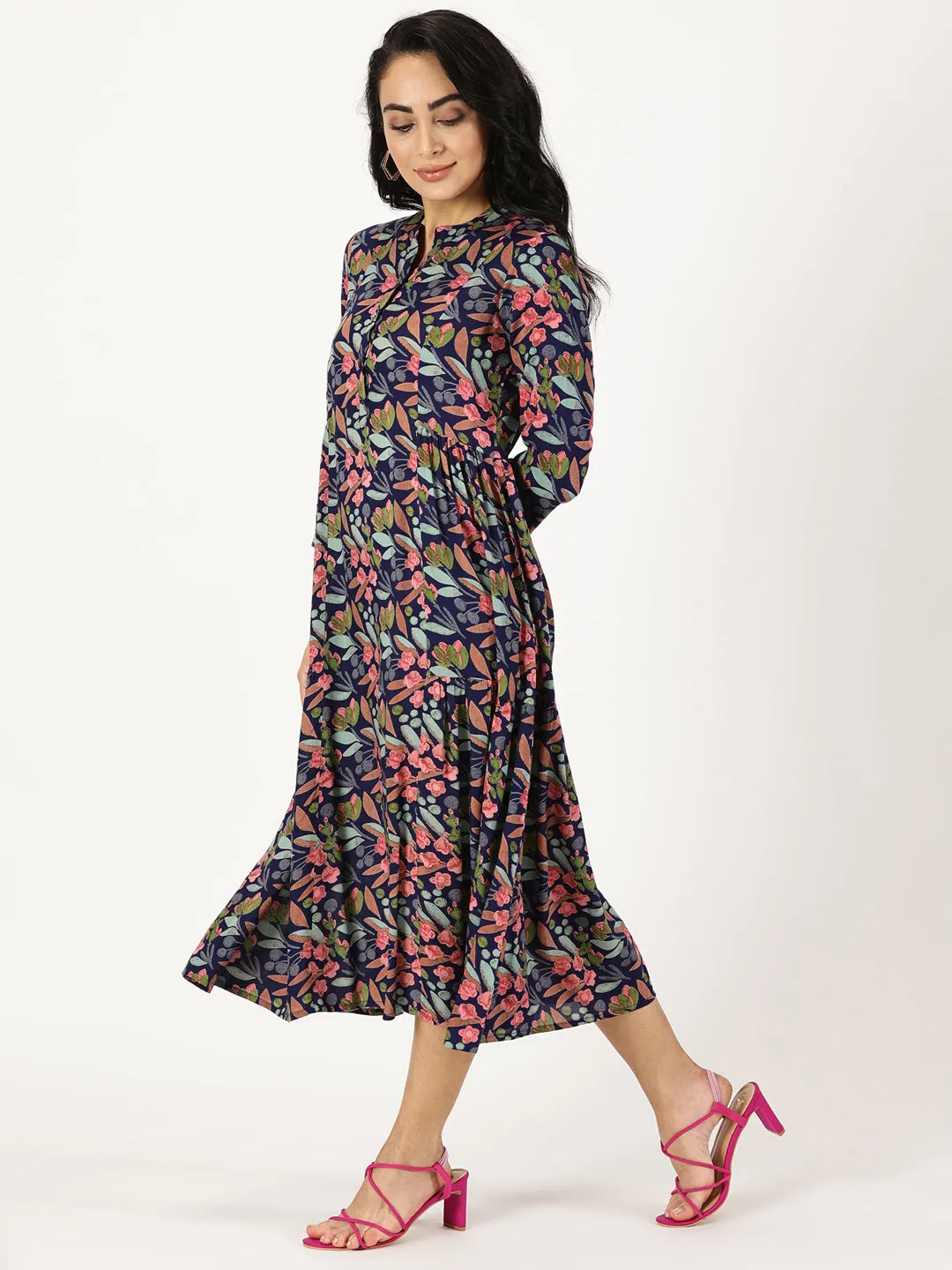 Blue Tropical Print Midi Dress with Side Gathers