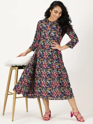 Blue Tropical Print Midi Dress with Side Gathers