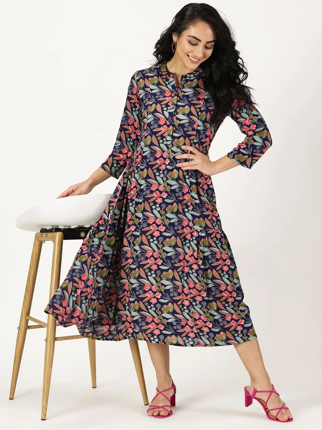 Blue Tropical Print Midi Dress with Side Gathers