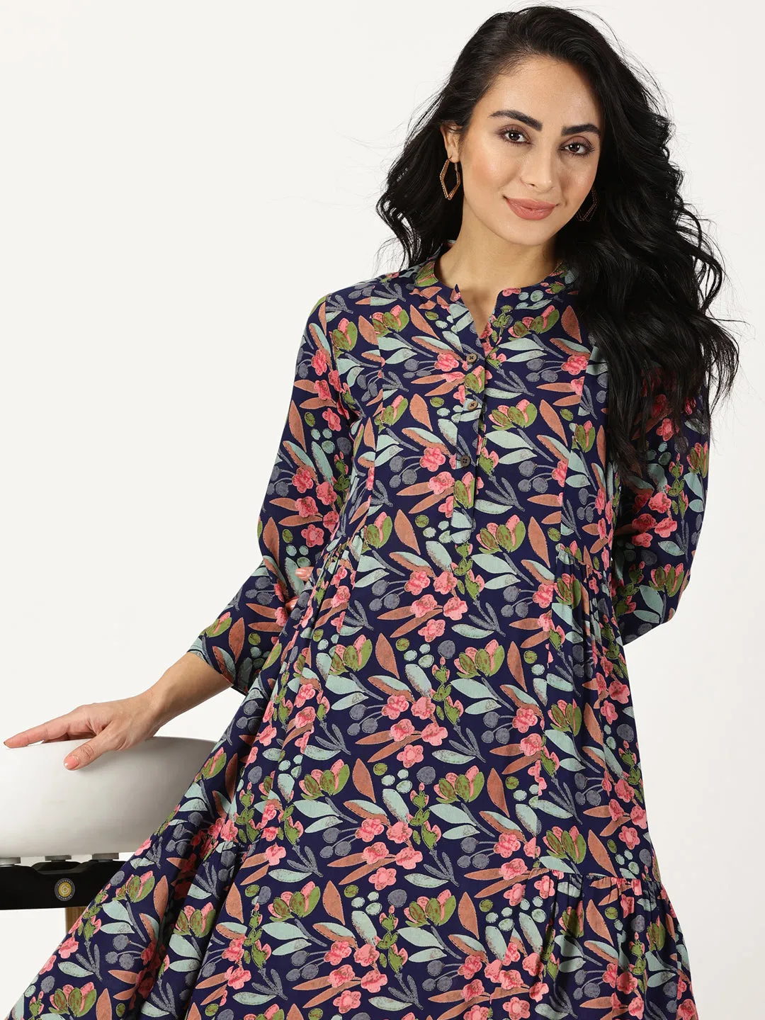 Blue Tropical Print Midi Dress with Side Gathers