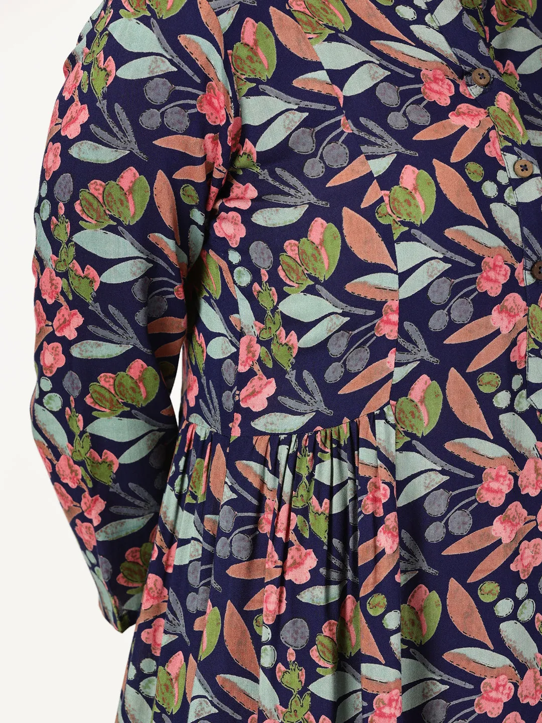 Blue Tropical Print Midi Dress with Side Gathers
