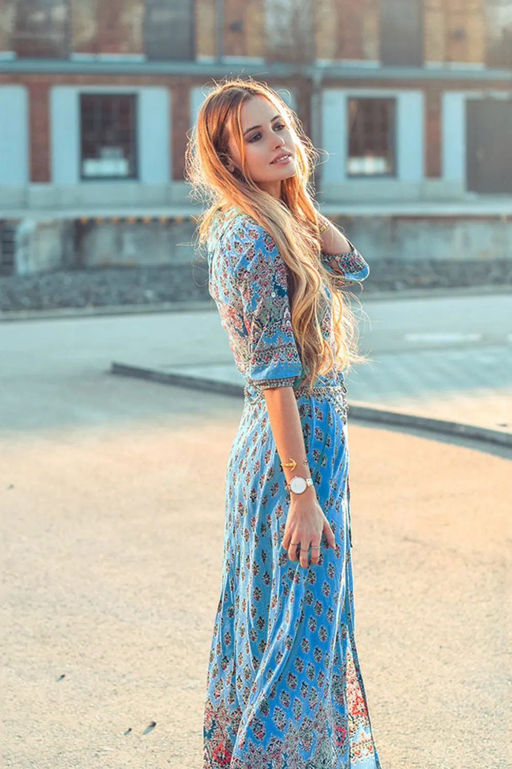 Bohemian Print Dress Beach Skirt V-neck 1/2 Sleeves Plus Size Boho Floral Dresses