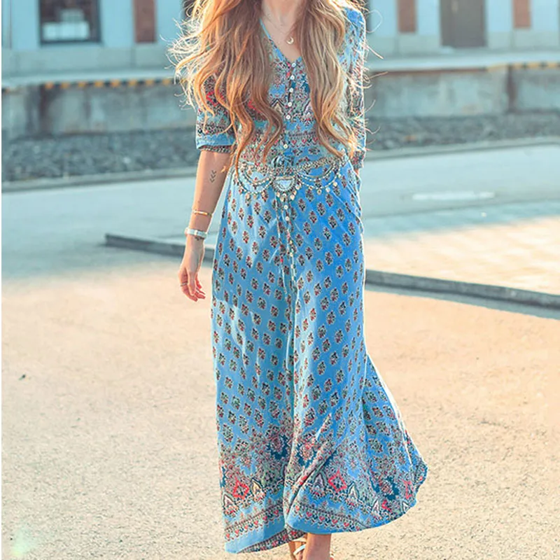 Bohemian Print Dress Beach Skirt V-neck 1/2 Sleeves Plus Size Boho Floral Dresses