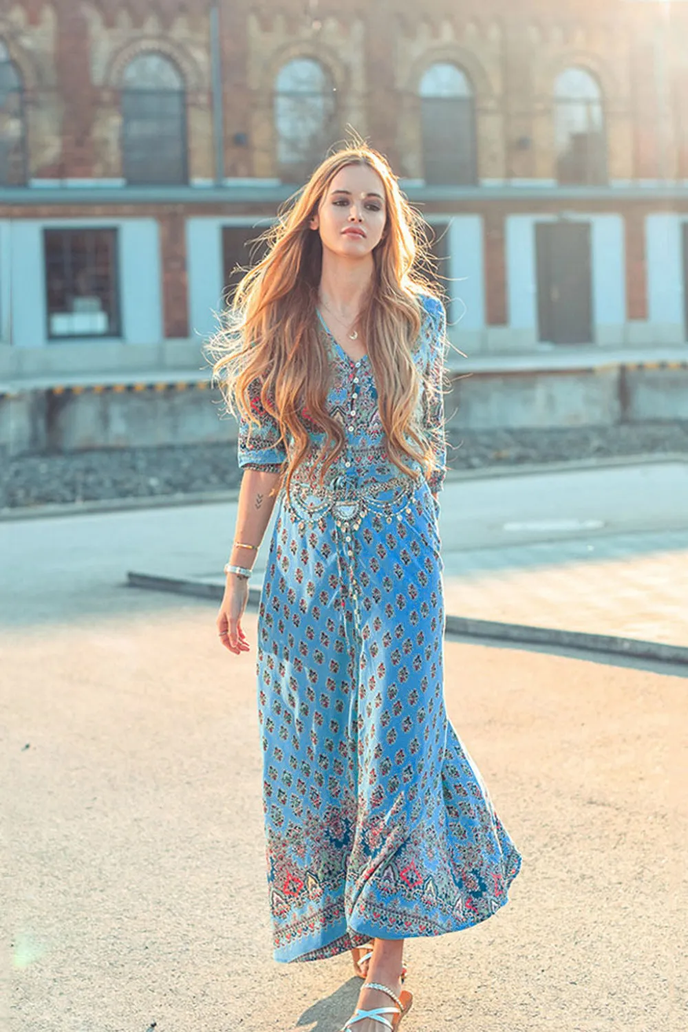 Bohemian Print Dress Beach Skirt V-neck 1/2 Sleeves Plus Size Boho Floral Dresses