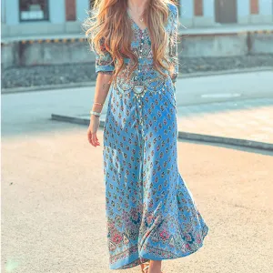 Bohemian Print Dress Beach Skirt V-neck 1/2 Sleeves Plus Size Boho Floral Dresses