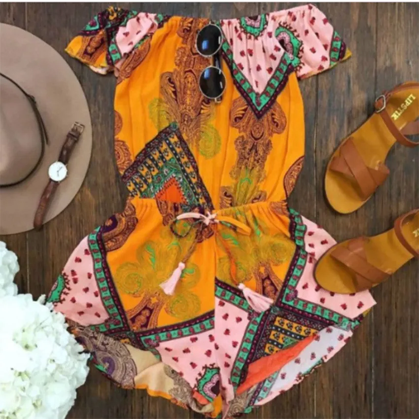 Boho printed jumpsuits off shoulder rompers plus size