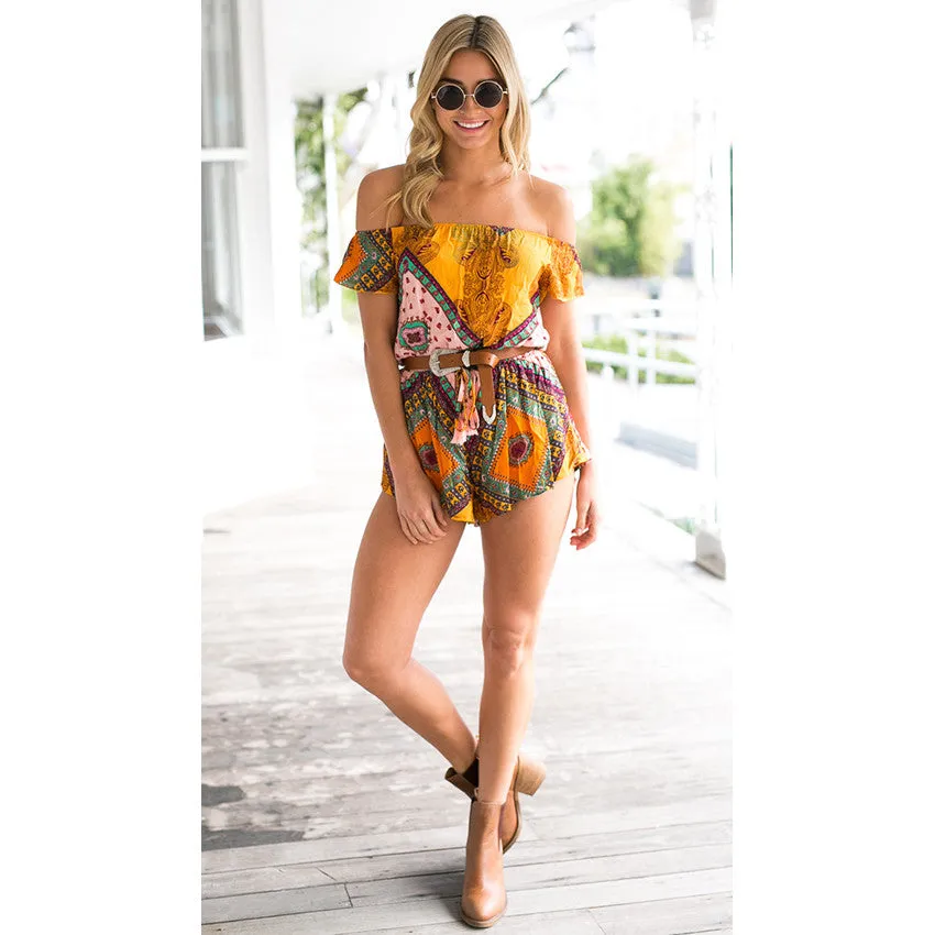 Boho printed jumpsuits off shoulder rompers plus size