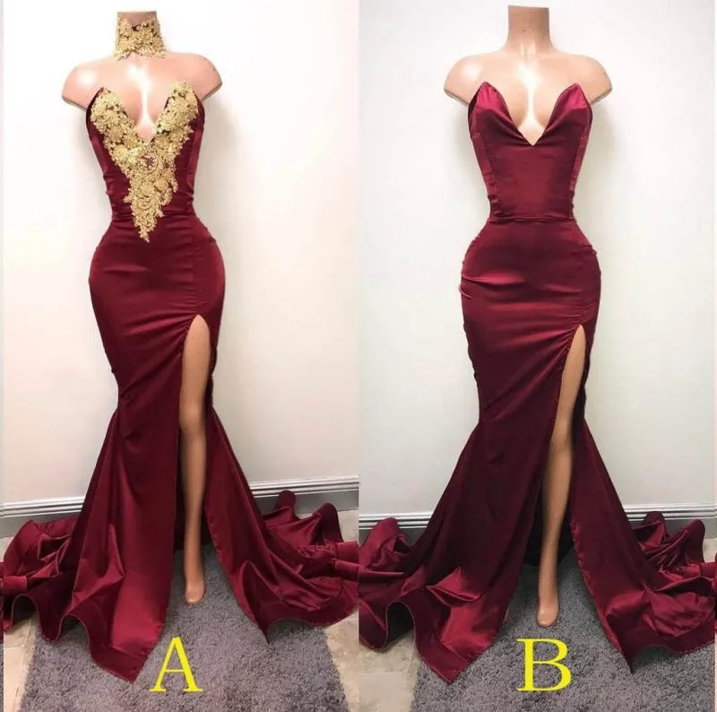 Burgundy V Neck Sleeveless Mermaid Prom with Gold Appliques Long Evening Dress