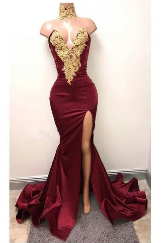 Burgundy V Neck Sleeveless Mermaid Prom with Gold Appliques Long Evening Dress