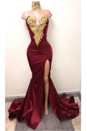 Burgundy V Neck Sleeveless Mermaid Prom with Gold Appliques Long Evening Dress