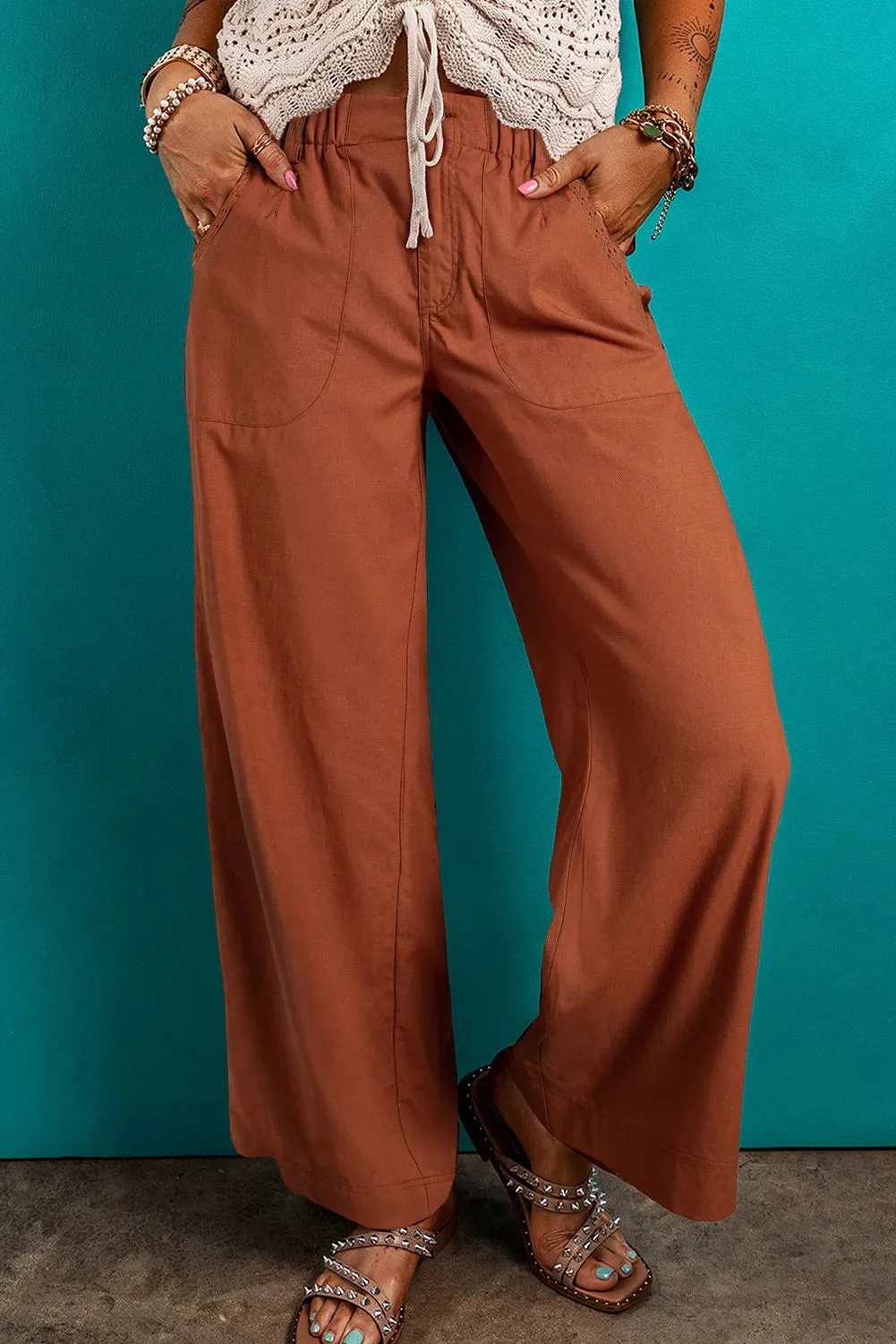 Caramel Color Wide Leg Pants with Pockets