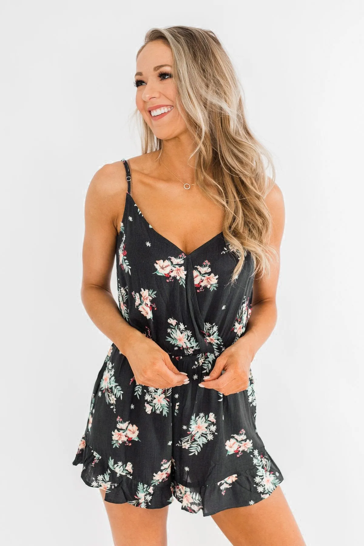 Care For You Floral Wrap Romper- Charcoal