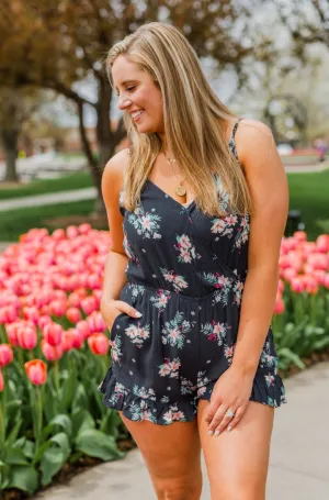 Care For You Floral Wrap Romper- Charcoal