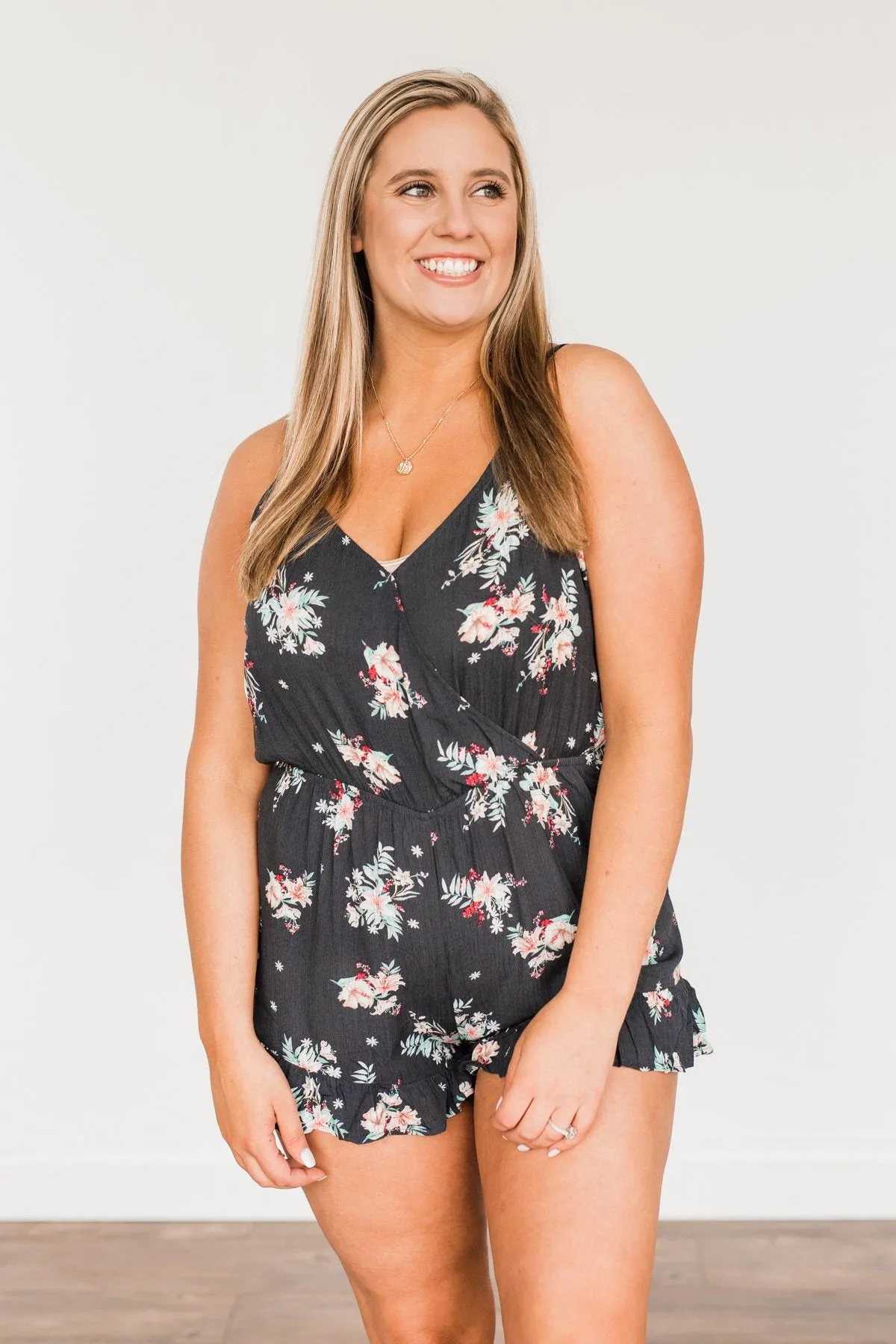 Care For You Floral Wrap Romper- Charcoal