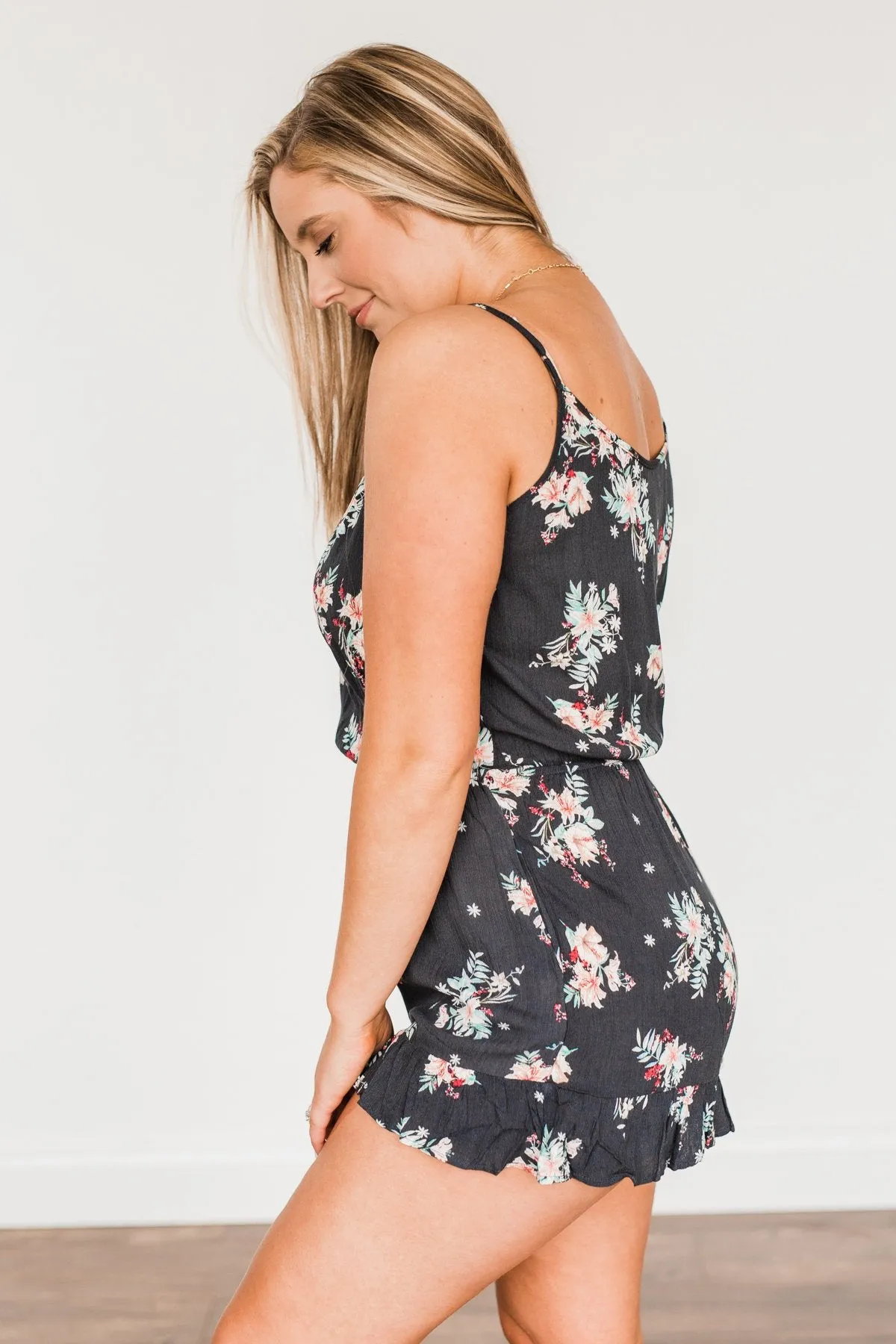 Care For You Floral Wrap Romper- Charcoal