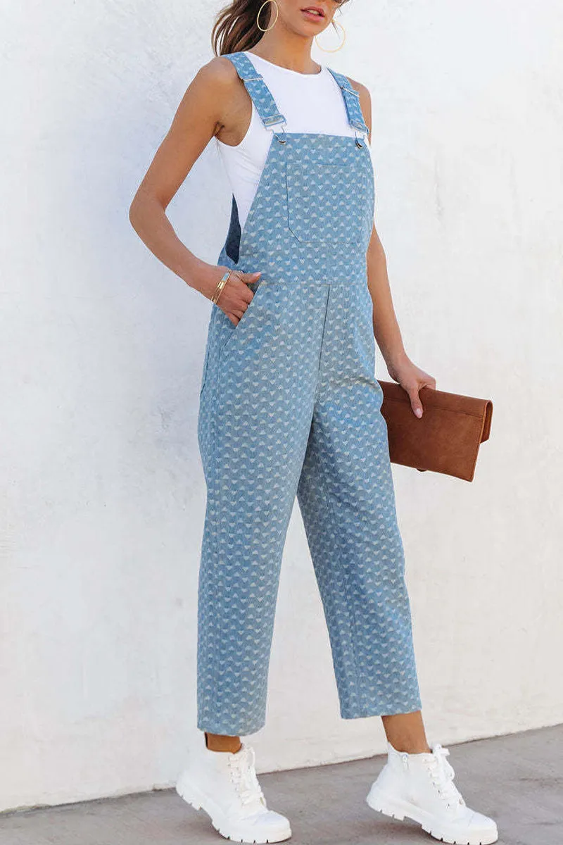 Casual Street Print Pocket Square Collar Sleeveless Loose Denim Jumpsuits