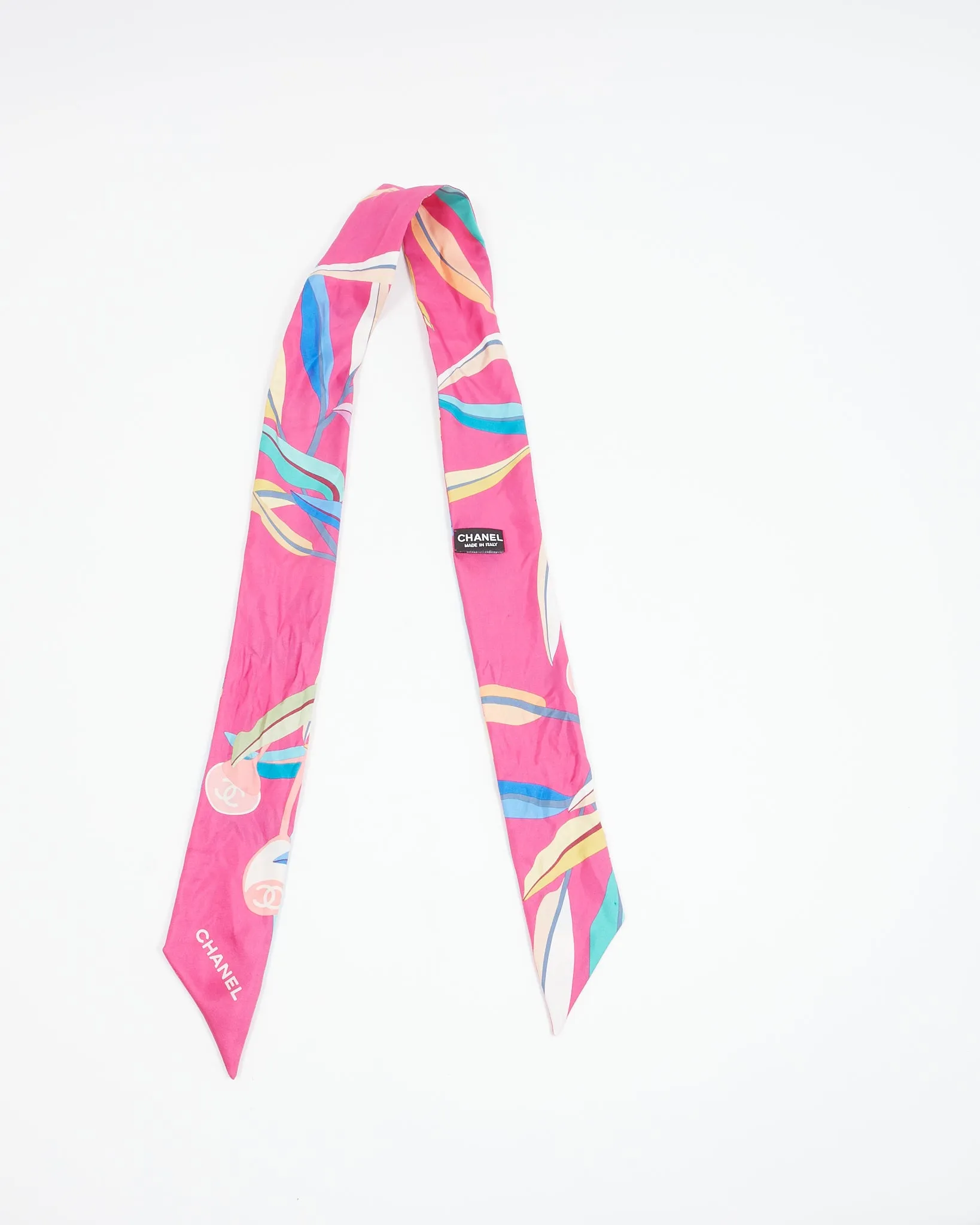 Chanel Pink Silk Multicolour Leaves Print Twilly Scarf