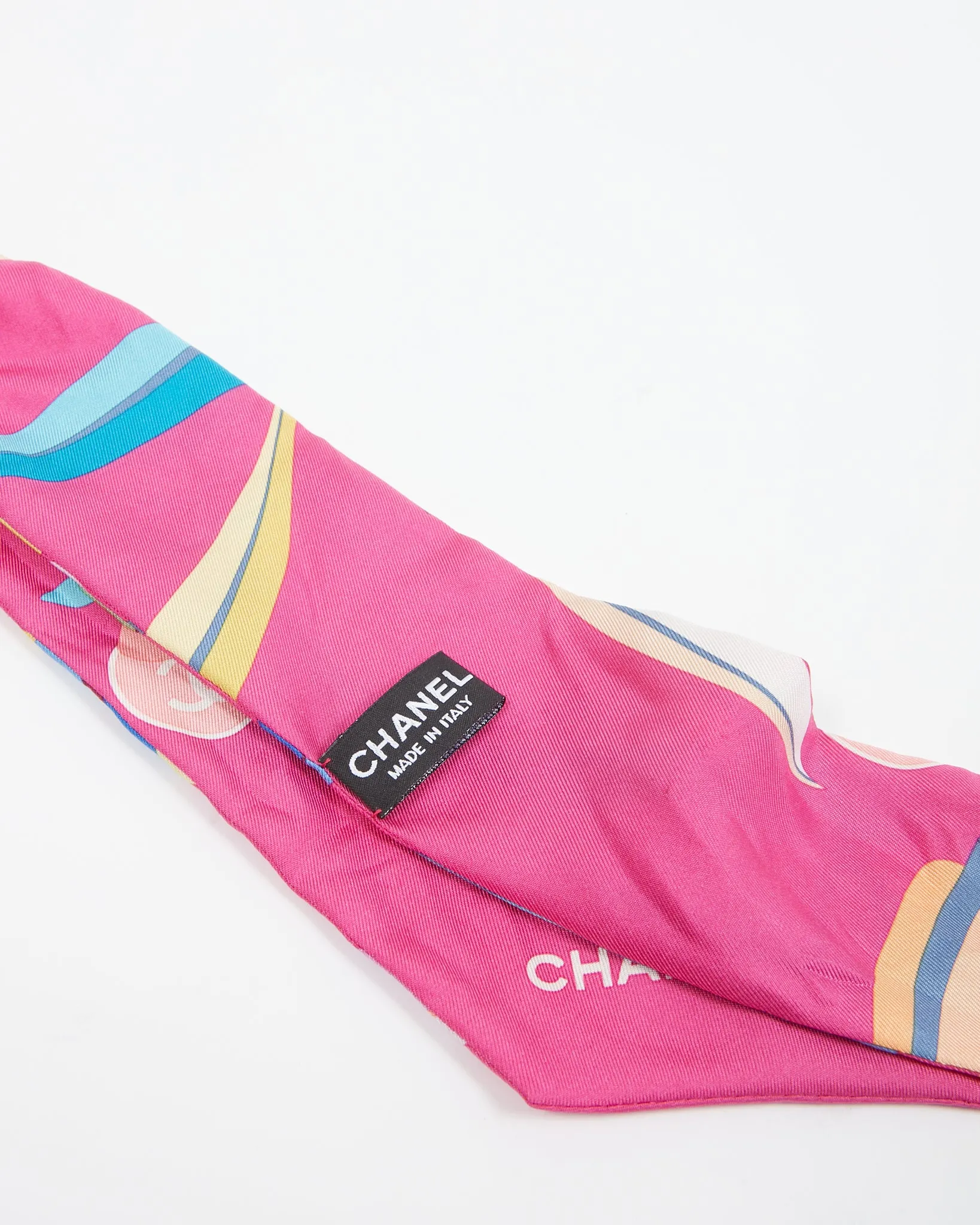 Chanel Pink Silk Multicolour Leaves Print Twilly Scarf