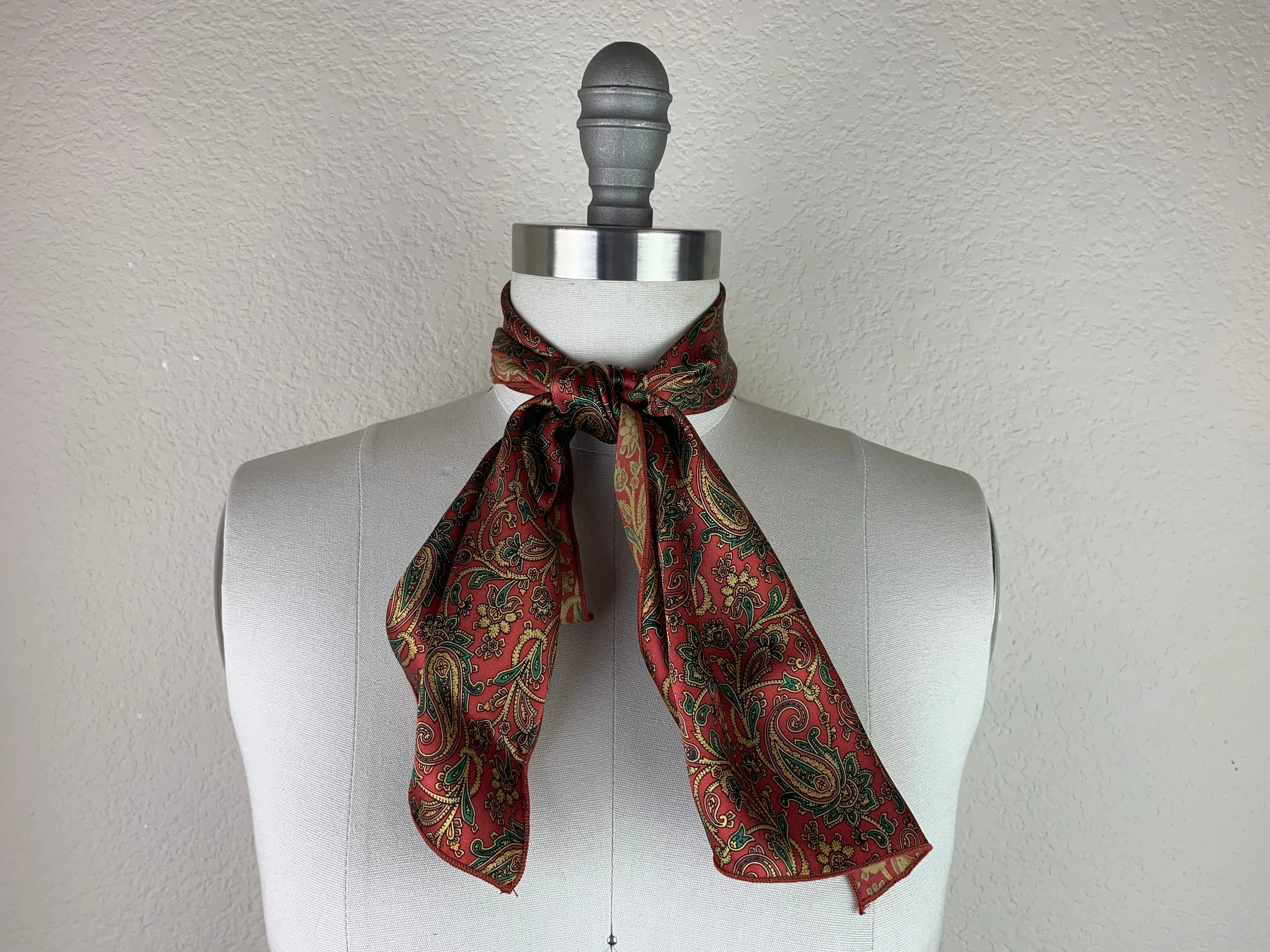 CR Red, Green and Tan Paisley Silk Scarf