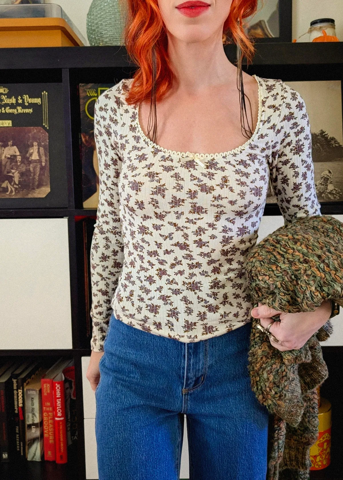 Cream Ditsy Floral Picot Trim Rib Tee