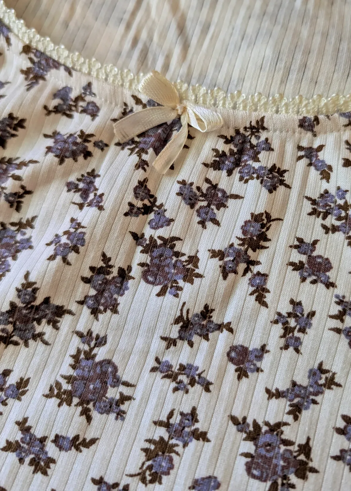 Cream Ditsy Floral Picot Trim Rib Tee