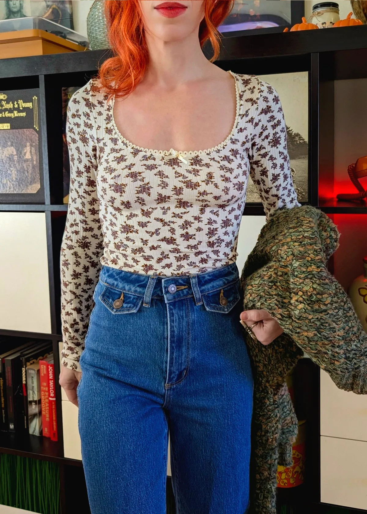 Cream Ditsy Floral Picot Trim Rib Tee