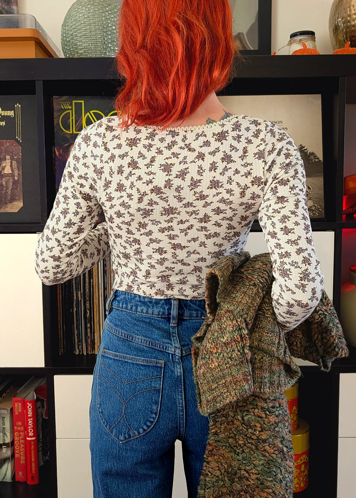 Cream Ditsy Floral Picot Trim Rib Tee