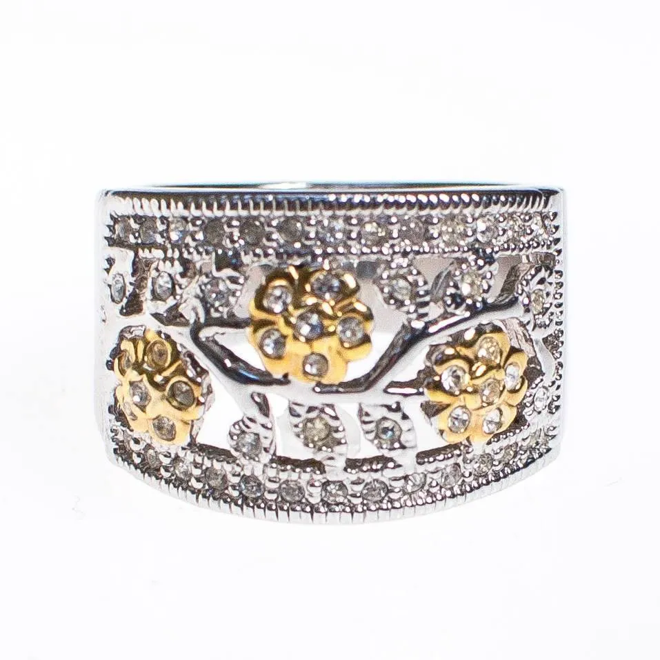 Diamonique CZ Floral Design Gold and Silver Wide Band Ring