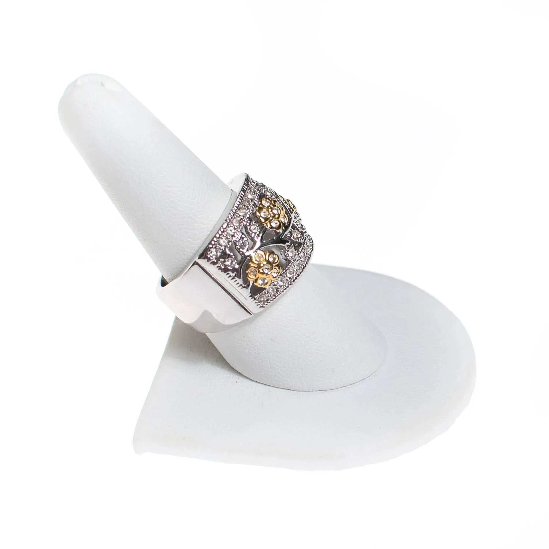 Diamonique CZ Floral Design Gold and Silver Wide Band Ring