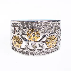 Diamonique CZ Floral Design Gold and Silver Wide Band Ring