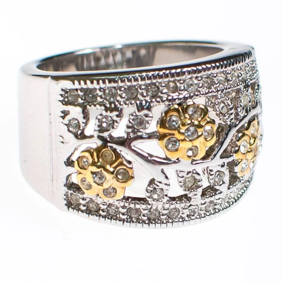 Diamonique CZ Floral Design Gold and Silver Wide Band Ring