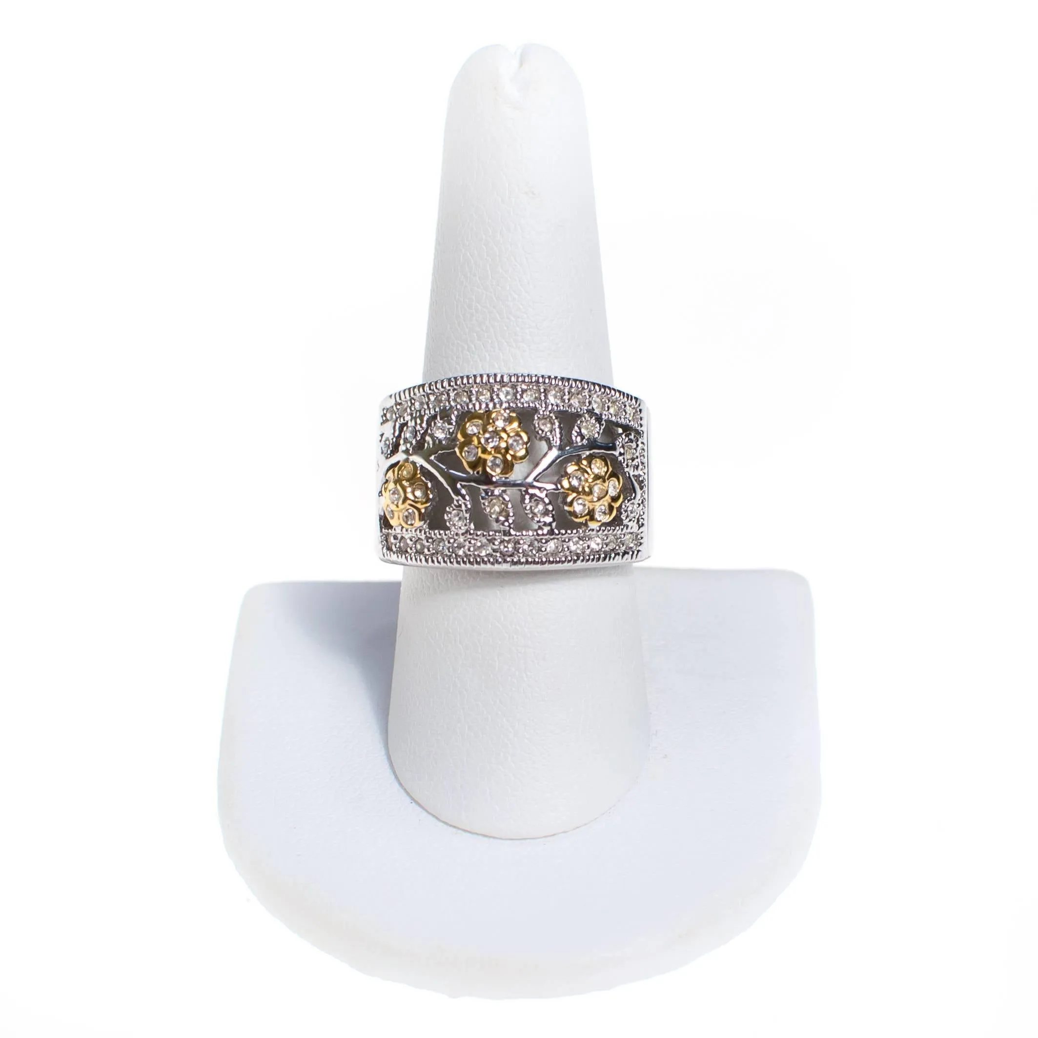 Diamonique CZ Floral Design Gold and Silver Wide Band Ring