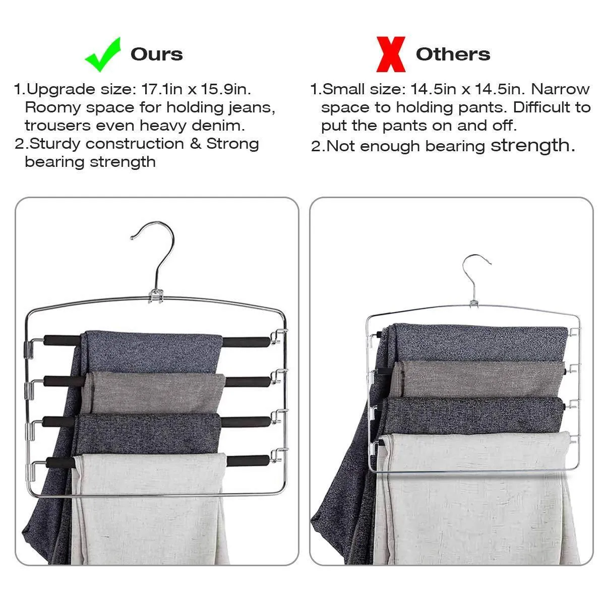 DOIOWN Pants Hangers Slacks Hangers Space Saving Non Slip Stainless Steel Clothes Hangers Closet Organizer for Pants Jeans Trousers Scarf (4-Pack,Large Size 17.1''High x 15.9''Width)
