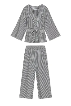 DreamModal Kimono Pajama Set in Deep Navy Pencil Stripe