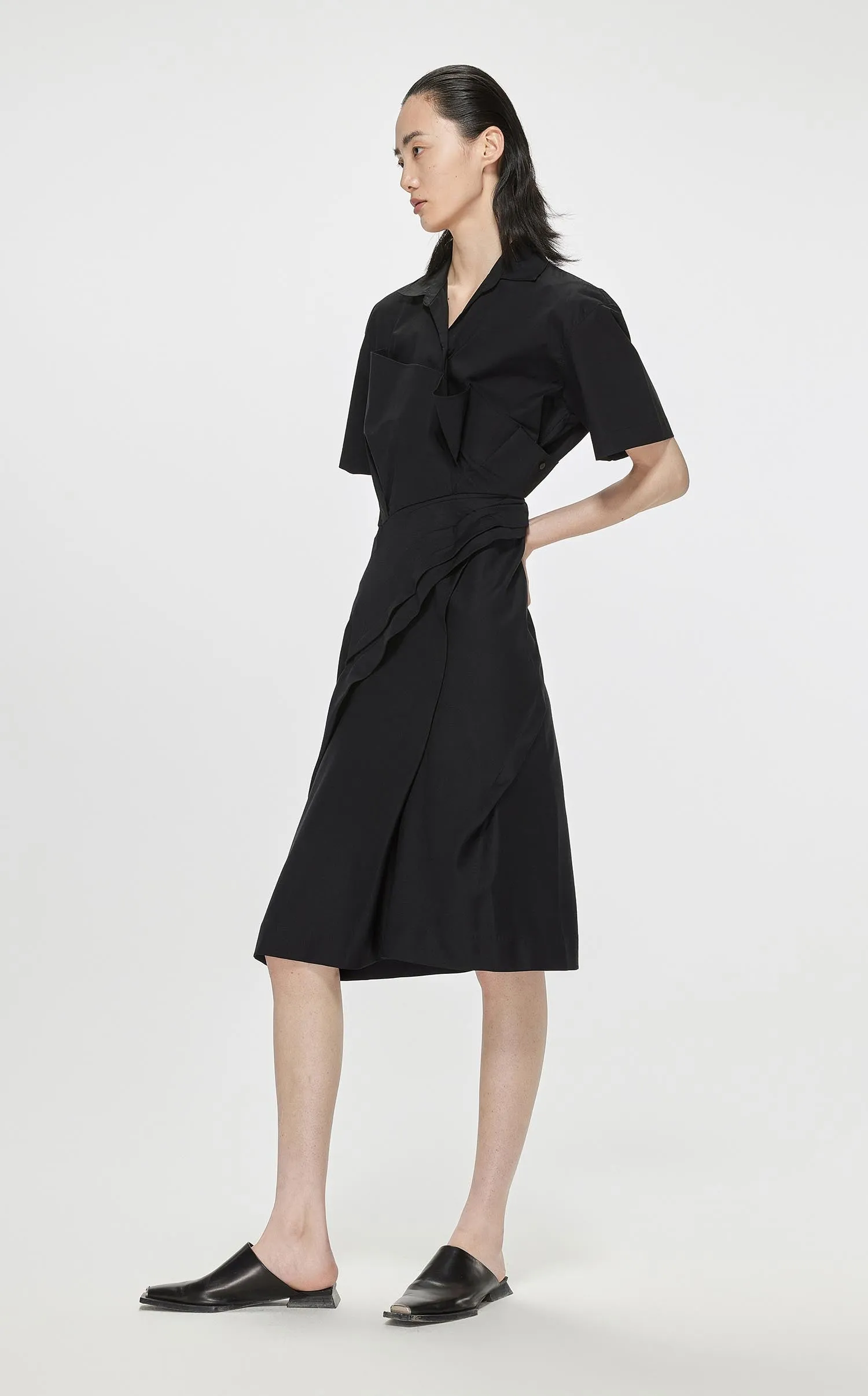 Dresses / JNBY Solid Front Pleated Short Sleeve Dress (100% Cotton)
