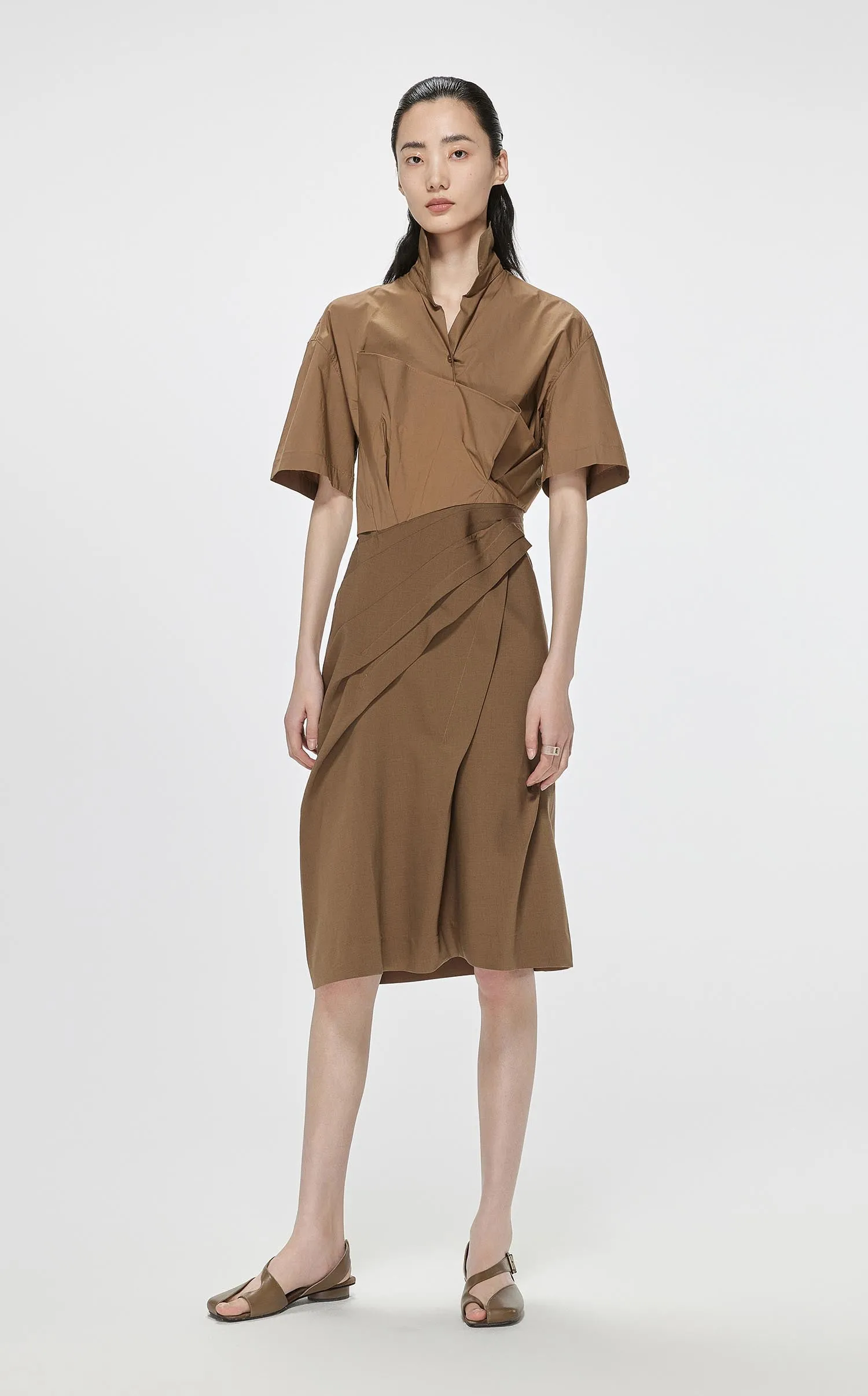Dresses / JNBY Solid Front Pleated Short Sleeve Dress (100% Cotton)