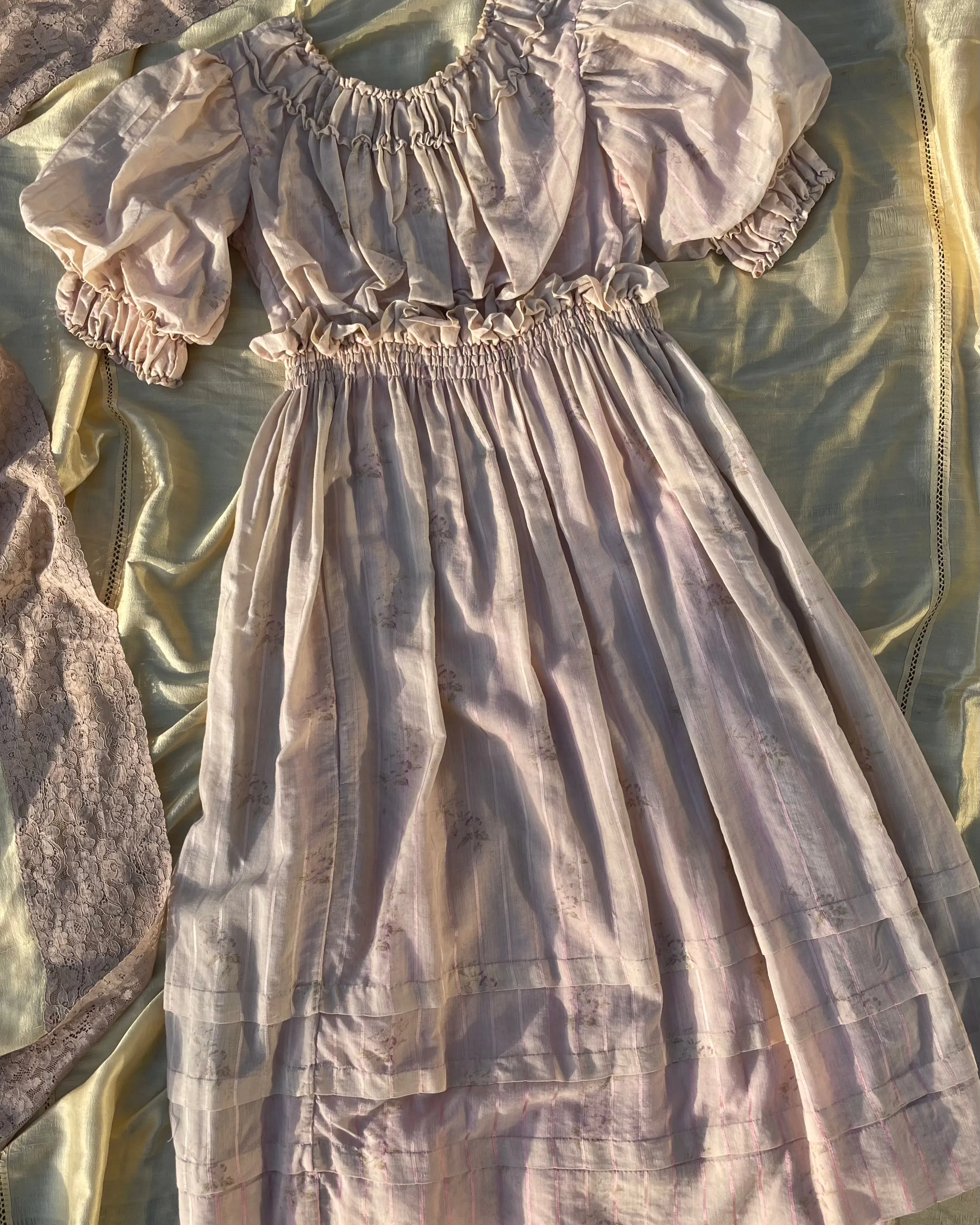 Edwardian Fine Printed Cotton Muslin Pouf Sleeve Dress