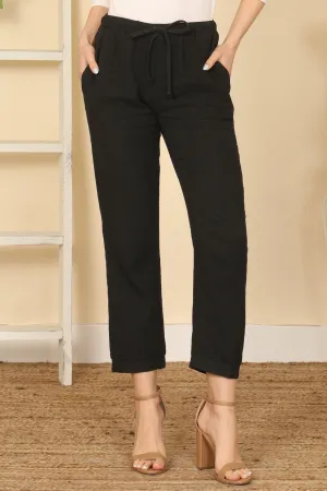 Elastic Tie Waist Side Pocket Solid Pants