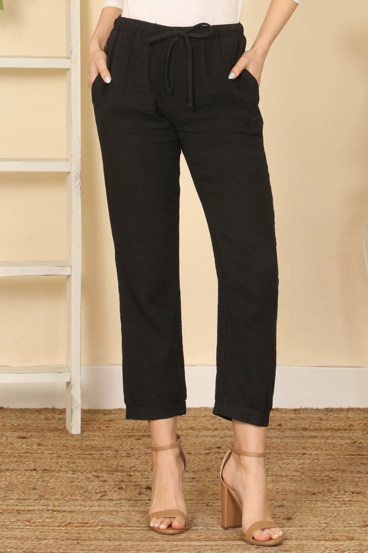 Elastic Tie Waist Side Pocket Solid Pants