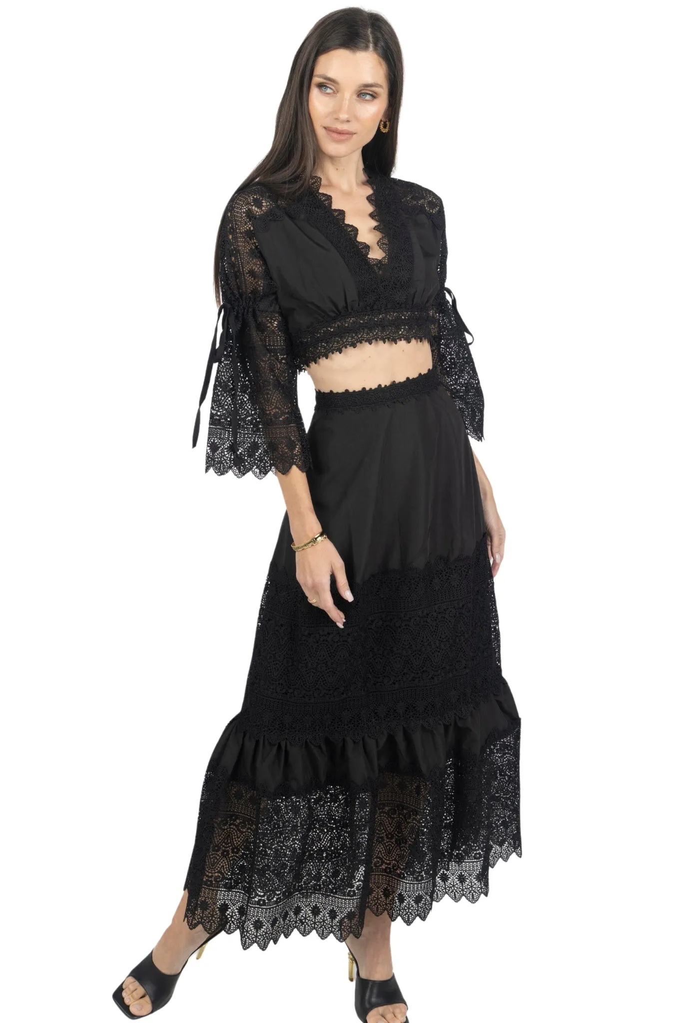 Emily Guipure Lace Top & Maxi Skirt Set In Black