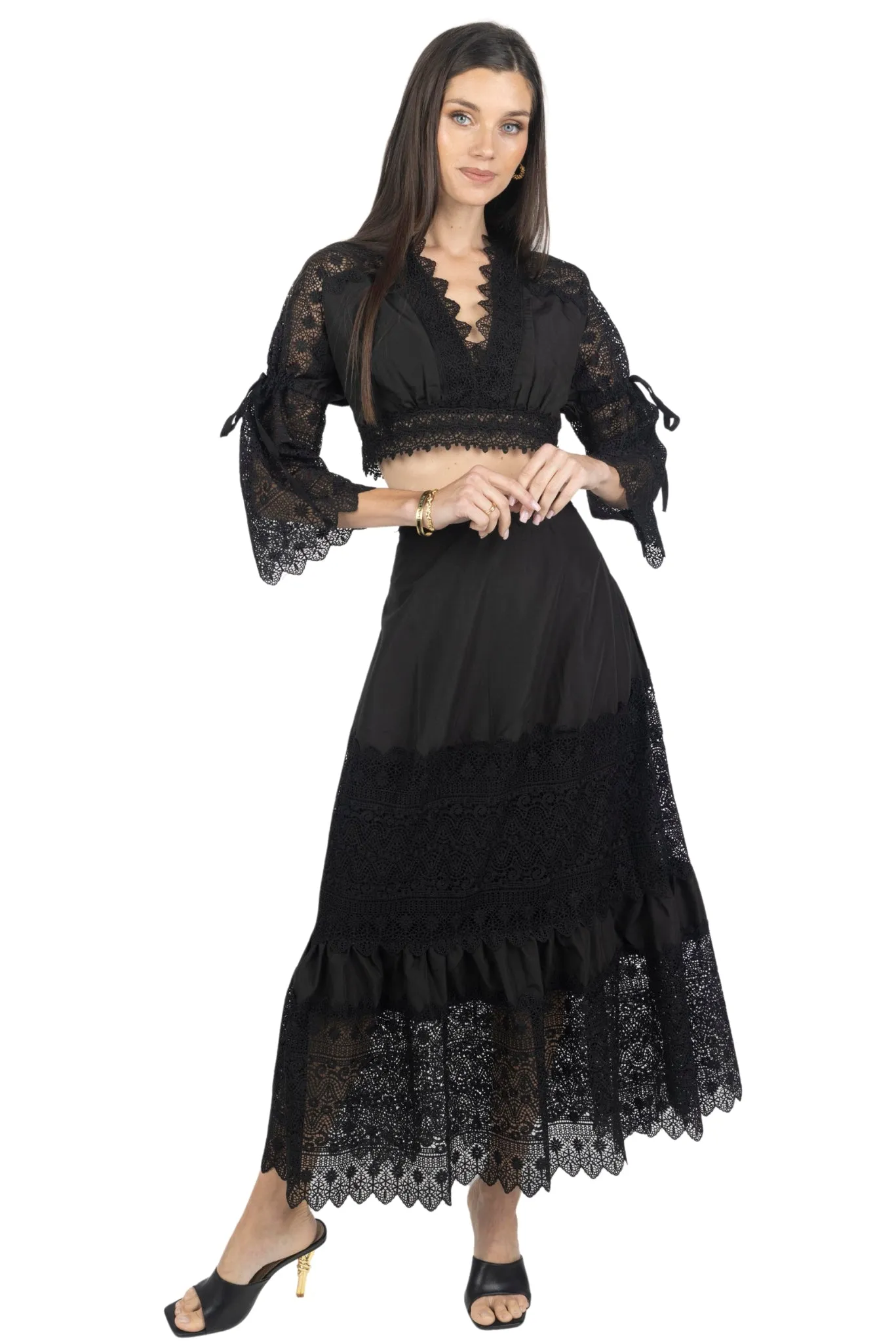 Emily Guipure Lace Top & Maxi Skirt Set In Black