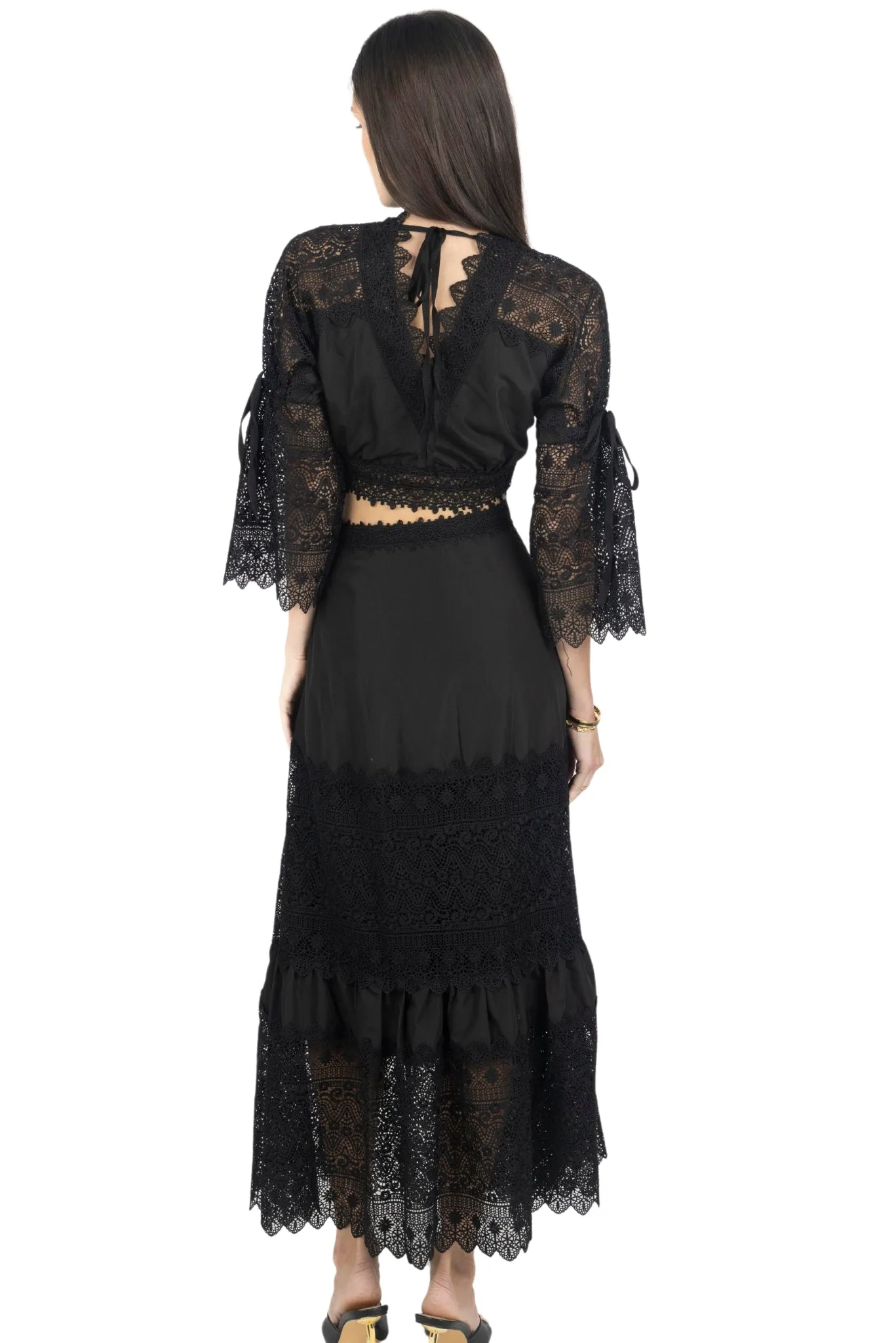 Emily Guipure Lace Top & Maxi Skirt Set In Black