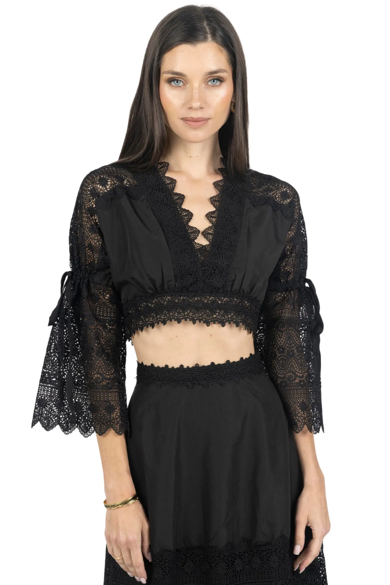 Emily Guipure Lace Top & Maxi Skirt Set In Black