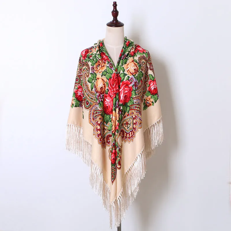 Ethnic Flower Print Square Scarf Shawl Fringed Scarves for Women Ladies Girls