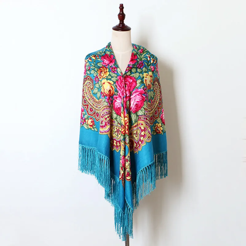 Ethnic Flower Print Square Scarf Shawl Fringed Scarves for Women Ladies Girls
