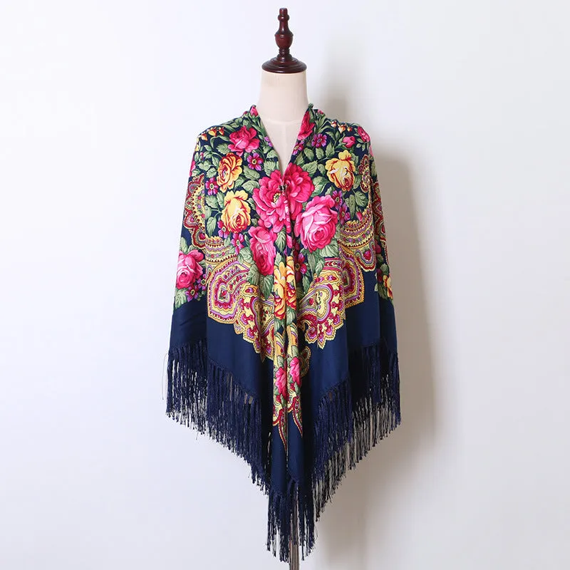 Ethnic Flower Print Square Scarf Shawl Fringed Scarves for Women Ladies Girls
