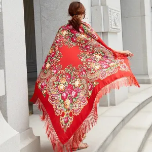 Ethnic Flower Print Square Scarf Shawl Fringed Scarves for Women Ladies Girls